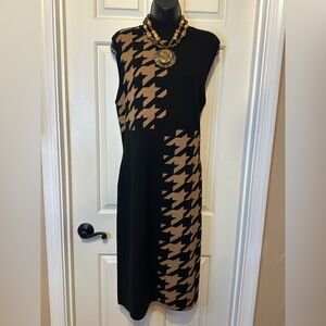 SG02-Anne Klein Tan Asymmetrical Sheath Dress Mock Neck Sleeveless